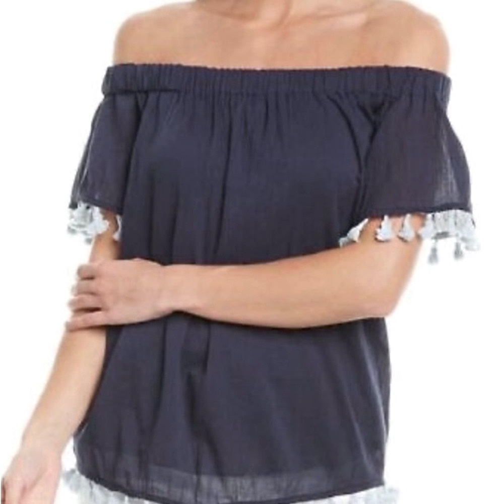 194. Sail to Sable top with white puffy fringe. On/Off shoulder